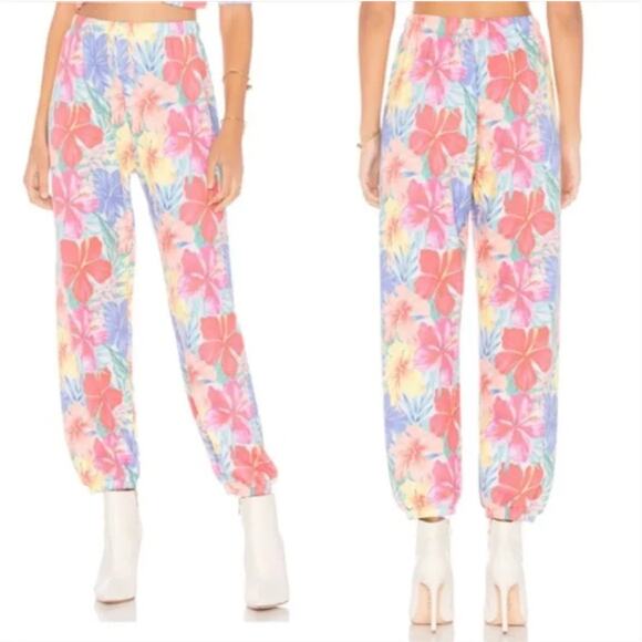 Wildfox Tropical Multicolor Floral Cotton Blend Jogger Sweatpants - Picture 1 of 7